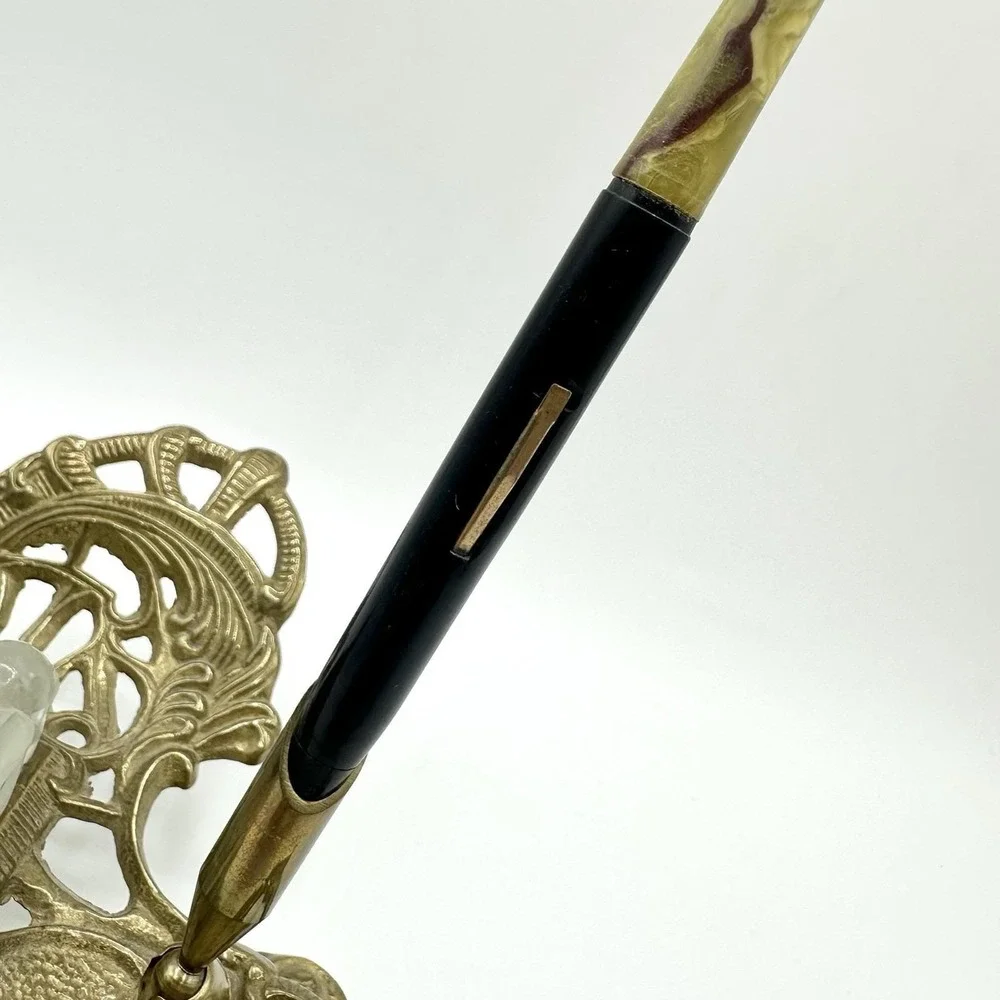 Vintage Heavy Brass Inkwell Pen Holder Art Nouveau Celluloid Fountain Pen Ink